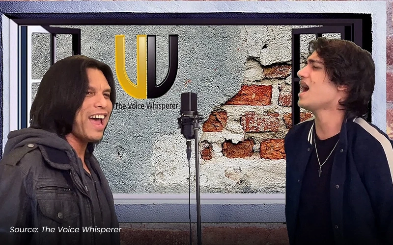 A vocal coach teaching a student at The Voice Whisperer