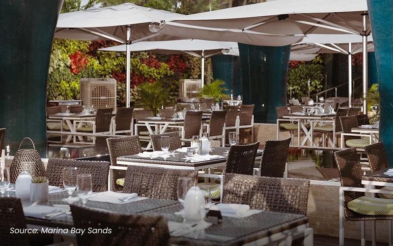 An outdoor dining area at RISE Restaurant, Marina Bay Sands